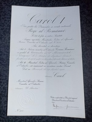 Brevet Ordinul Coroana Romaniei,grad de Comandor pt diplomat din Serbia din 1908 foto