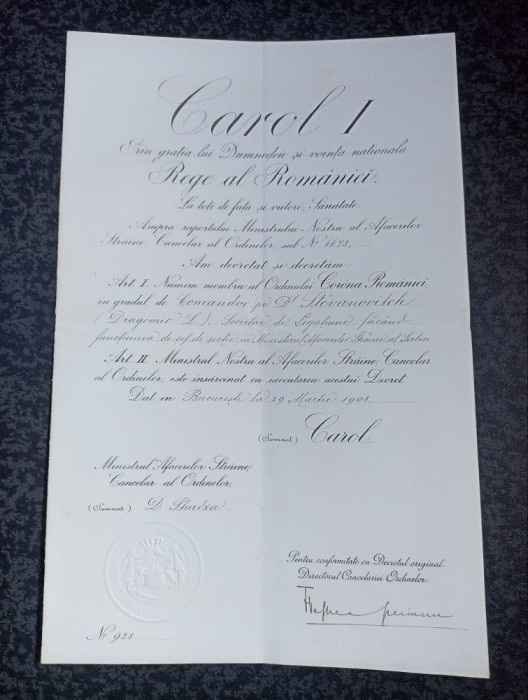 Brevet Ordinul Coroana Romaniei,grad de Comandor pt diplomat din Serbia din 1908