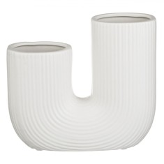 Vază Ceramică, Model Dublu, Culoare Alb, Dimensiuni 18x6x16.5 cm, Dungi Reliefate