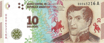 ARGENTINA █ bancnota █ 10 Pesos █ 2016 █ P-360 █ Seria A █ UNC █ necirculata foto