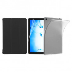 Set 3 in 1 husa carte, husa silicon si folie protectie ecran pentru Huawei MediaPad M5 Lite 10.1 inch, negru foto