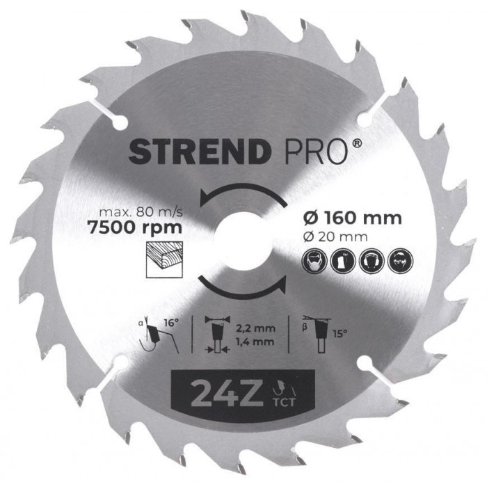 Strend Pro TCT 160x2.2x20.2x20/16 mm 24T, p&acirc;nza de ferăstrău pentru lemn, SK feliat