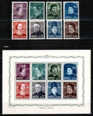 Portugalia 1949, Mi #730-737 + Bl 14**, serie + colita (bloc), Dinastia Avis, regi, regine, MNH, cota 210 &euro;!