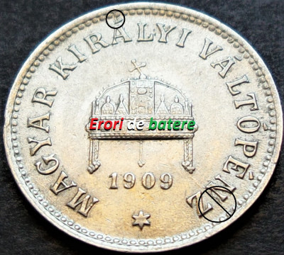 Moneda istorica 10 FILLER - AUSTRO-UNGARIA / UNGARIA, anul 1909 *cod 830 ERORI foto