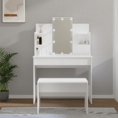 vidaXL Set de măsuță de toaletă cu LED, alb, lemn prelucrat foto