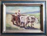 Car cu boi &ndash; pictură veche pe p&acirc;nză nesemnată, Peisaje, Ulei, Impresionism
