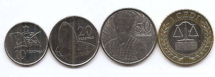 Ghana Set 4 - 10, 20, 50, Pesewas 1 Cedis - 2016/22, UNC !!!