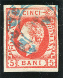 1871 , Lp 30 , Carol I barba 5 Bani rosu , stampila Tecuciu, Stampilat