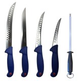 Set 4 cutite profesionale de macelarie, filetat, injunghiat, transat, dezosat, otel carbon, masat pentru ascutit