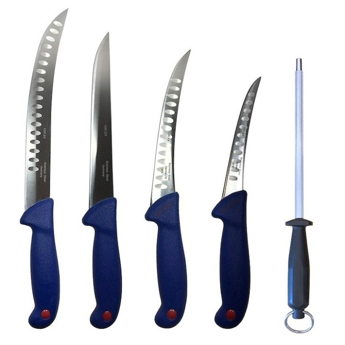 Set 4 cutite profesionale de macelarie, filetat, injunghiat, transat, dezosat, otel carbon, masat pentru ascutit