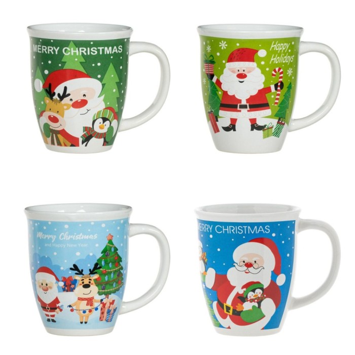Set Cani Ceramice Crăciun, Model Figuri Moș Crăciun, Capacitate 420ml, 4 Buc, Multicolor