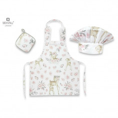 Set Micutul bucatar, MimiNu, Cu sort, o boneta si accesoriu pentru vase calde, Din bumbac certificat Oeko Tex Standard 100, Sweet Deer Pink