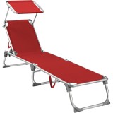 Sezlong pliabil SONGMICS cu parasolar, spatar reglabil, aluminiu, rosu