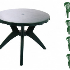 Set masa OMC rotunda 90x72cm, cu 4 scaune, pentru gradina, verde, din plastic