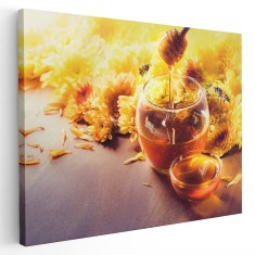 Tablou pahar cu miere albine flori galbene 1587 Tablou canvas pe panza CU RAMA 20x30 cm