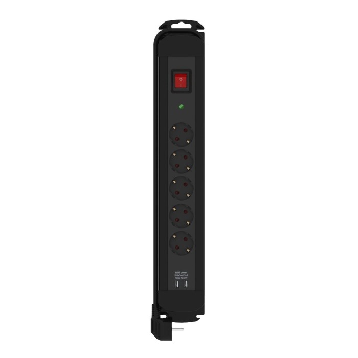 Prelungitor 5 prize cu protectie la supratensiune, 2xUSB, intrerupator, cablu 3m, siguranta copii, Negru