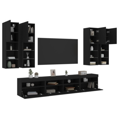 vidaXL Set comode TV de perete, 7 piese, cu lumini LED, negru foto