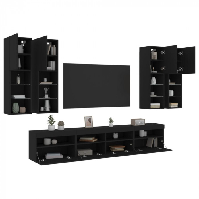 vidaXL Set comode TV de perete, 7 piese, cu lumini LED, negru