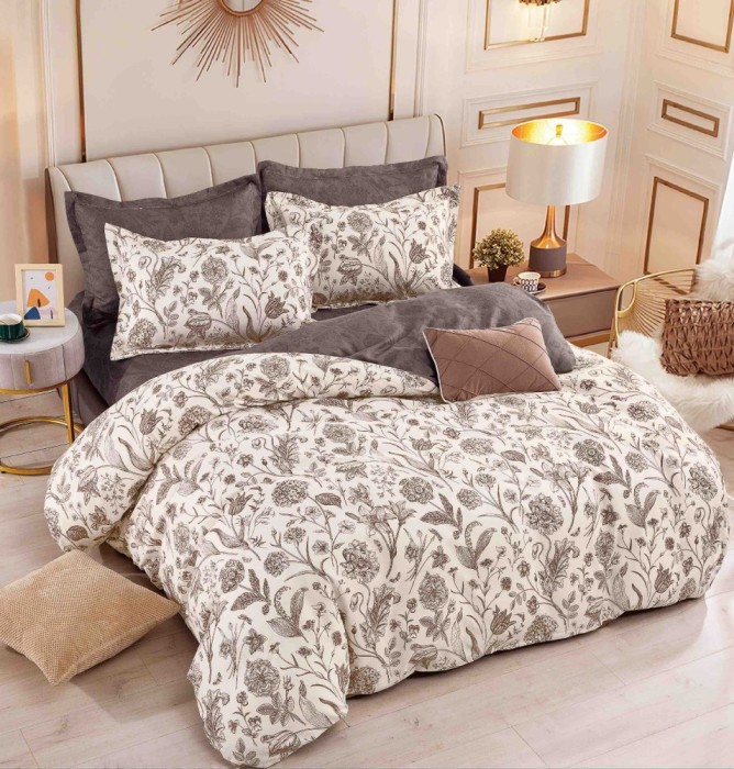 Lenjerie pat dublu,bumbac finet,6 piese,cearceaf cu elastic,bej cu flori-A777