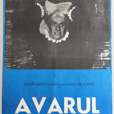 Avarul - Afis cinema Romaniafilm film francez 1980, Louis de Funès