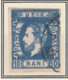 ROMANIA 1871 LP 31 b REGELE CAROL I BARBA 10 BANI ULTRAMARIN INCHIS T4 STAMPILAT