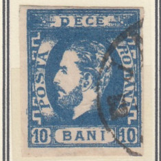 ROMANIA 1871 LP 31 b REGELE CAROL I BARBA 10 BANI ULTRAMARIN INCHIS T4 STAMPILAT
