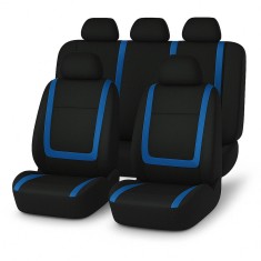 Set huse scaune auto universale, 9 piese, model blue line, albastru, compatibile airbag, material poliester cu burete 2 mm