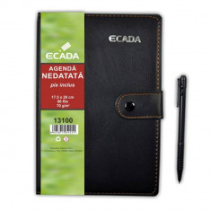 Agenda cu Pix ECADA, 96 File, 17.5x25 cm, 70 g/m², Capsa Inchidere, Neagra, Agenda Nedatata cu Capsa de Inchidere, Agende cu 96 de Foi, Agenda cu Caps