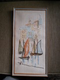 Peisaj marin, broderie/panza, in rama din lemn, 41,5x21,5cm