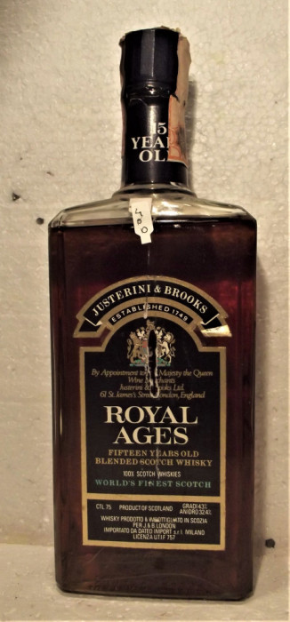 whisky ROYAL AGES, 15YO, IMP. DATEO ITALY, CL. 75 gr 43 ANII 1960