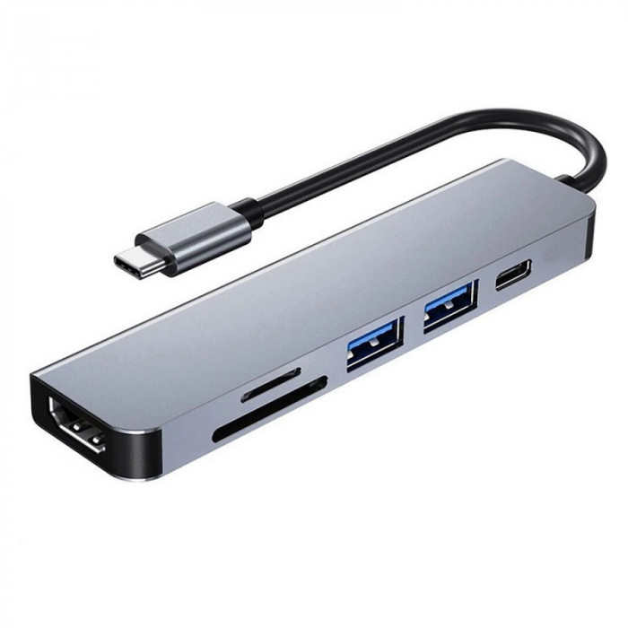Adaptor Hub multifunctional 6 in 1 Techstar&reg; DJ6IN1, HDMI 4K, USB-C, 1 x USB 3.0, 1 x USB 2.0, Cititor de carduri SD/TF, Aliaj de Aluminiu, Argintiu