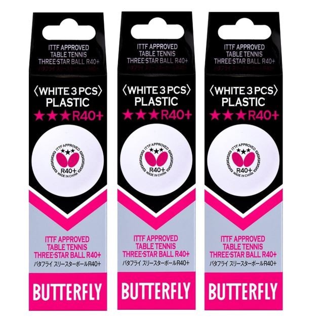 Set 3 cutii cu 3 mingi tenis de masa Butterfly *** R40+ ITTF, 9 bucati, albe
