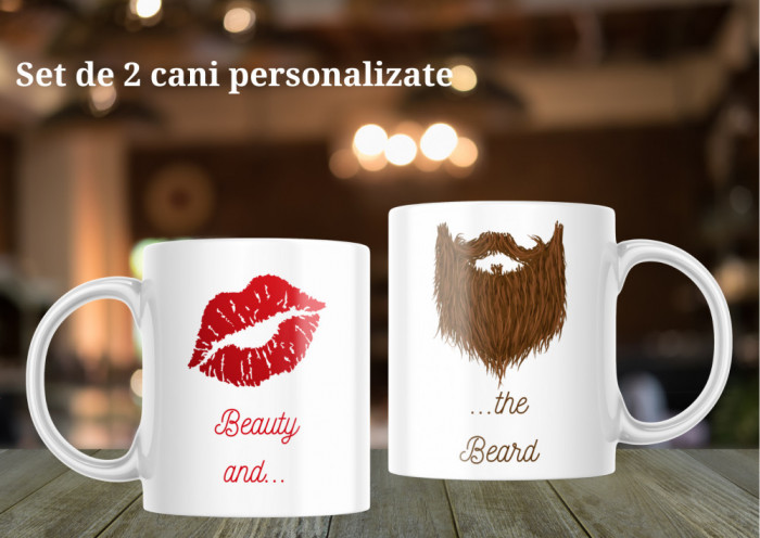 Set de 2 căni &rdquo;Beauty and the Beard&rdquo; personalizate Alba-toarta-inima