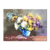 Tablou cu flori multicolore pictat manual, Gingasie, 40x30cm ulei pe panza, Geo Ungureanu