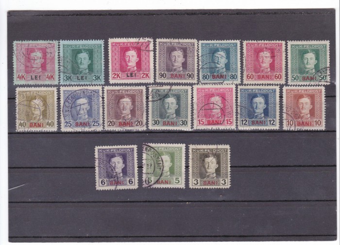 ROMANIA 1917 OCUPATIA AUSTRIACA IN ROMANIA TIMBRE AUSTRIECE POSTA DE CAMPANIE SUPRATIPAR ROSU BANI SAU LEI SERIA DE 17 VALORI DANTELAT STAMPILATE