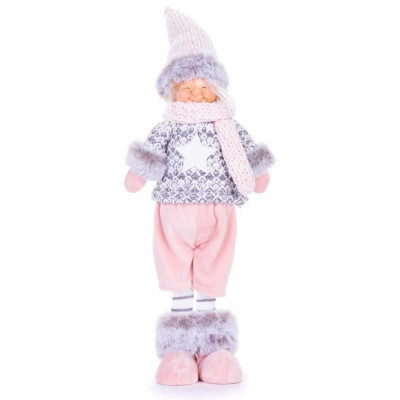 Decoratiune iarna, baiat cu caciula si bluza cu stea, roz si gri, 17x13x48 cm foto