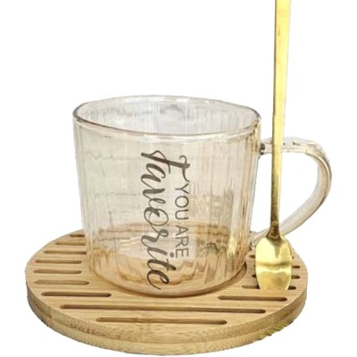 Cana din sticla cu suport din lemn de bambus si lingurita Pufo Favourite pentru cafea sau ceai, 200 ml foto