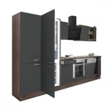 Mobilă de bucătărie Yorki 340, corp din stejar Yorki, front antracit satinat cu element cuptor inferior, dulap cu rafturi și frigider congelator infer