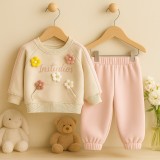 Cumpara ieftin Set 2 piese bluza cu aplicatii florale 3D si pantaloni Bumbac 100% moale