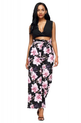 CL783-151 Pantaloni din satin cu talie inalta si imprimeu floral foto