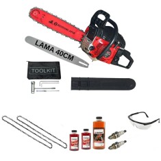 Pachet: Drujba pe benzina Motoyama, 8.5 CP, motor 2 timpi + 2 Lanturi, 2 Ulei amestec 500 ml, 1 Ulei de lant 1 l, 1 pereche Ochelari, 2 bujii de rezer
