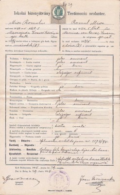 A3349N Testimoniu scolastic Romulus Mioc (viitor primar Petroșani, prefect al județului Hunedoara), 1898, Gimnaziul rom&amp;acirc;n greco-catolic din Beiuș foto