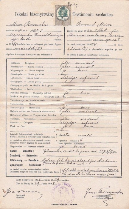 A3349N Testimoniu scolastic Romulus Mioc (viitor primar Petroșani, prefect al județului Hunedoara), 1898, Gimnaziul rom&acirc;n greco-catolic din Beiuș