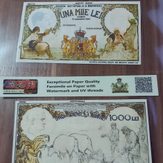 REPRODUCERE pe hartie cu filigran si fire UV proiect bancnota 1000 lei 1934