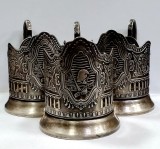 Trei suporturi din metal argintat, jubiliare, 100 ani de la nasterea lui Vladimir Lenin.