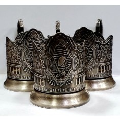 Trei suporturi din metal argintat, jubiliare, 100 ani de la nasterea lui Vladimir Lenin.