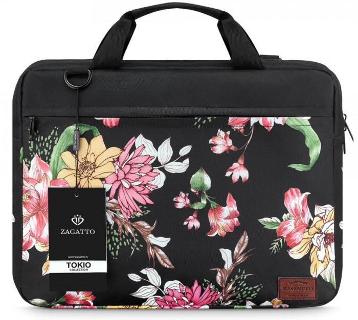 Geanta laptop, Zagatto, TOKIO, ZG79, 15.6&quot;, 30x40x6.9 cm, Negru, Model Floral