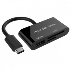 Cititor de carduri Gembird 10079, interfata USB 3.1 tip C tata, citeste si scrie microSD, SDHC, SDXC, iesire USB 2.0 mama, negru