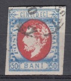 ROMANIA1872 LP 34 CAROL I CU BARBA 50 BANI ALBASTU DESCHIS/ROSU POINCON STAMPILAT