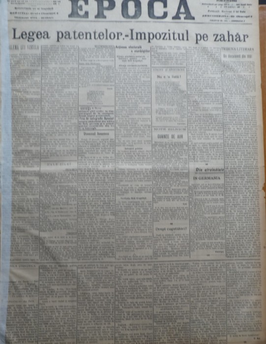 Ziarul Epoca, 15 Decembrie 1899 ; Legea patentelor ; Impozitul pe zahar